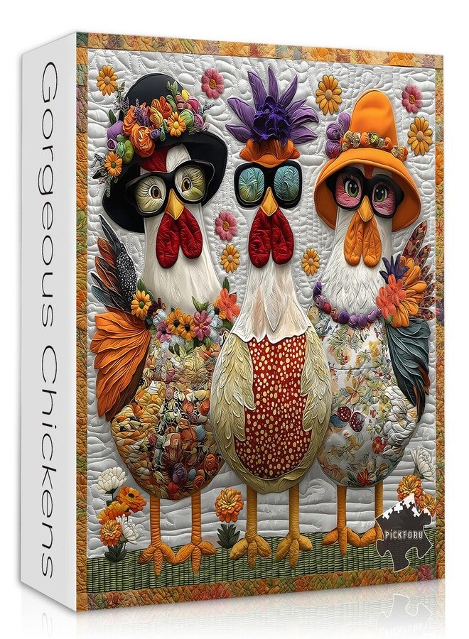 PICKFORU Funny Chicken Puzzles for Adults 1000 Piece，Rooster Flower Patchwork Art Quilt Puzzles，Colorful Jigsaw Puzzles with Animals - Image 1